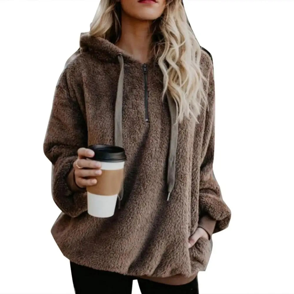 Winter Hoodies Long Sleeve Two Pockets Pullover Sweatshirt Plush Turtleneck Zipper Neck Women Fluffy Sweatshirt Outerwear
