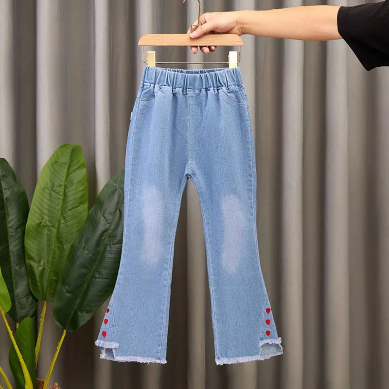 2024 New Autumn Elastic Kids Jeans, Girls Cute Leisure Bow Denim Children Flared Pants.