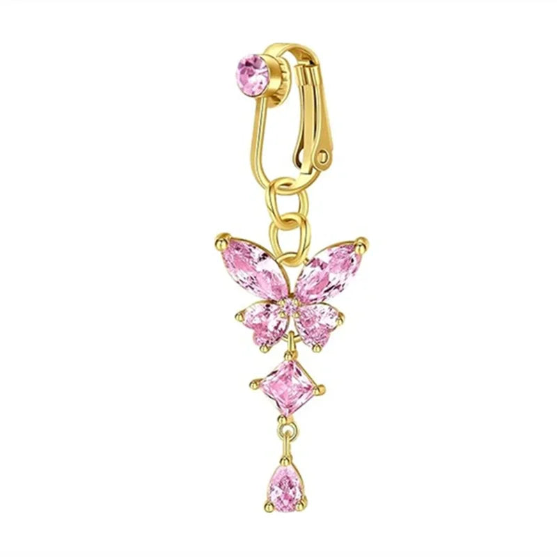 Clip On Belly Button Ring Butterfly Copper Zircon Pink Fake Belly Piercing Umbilical Navel Body Jewelry Trendy Fashion Style