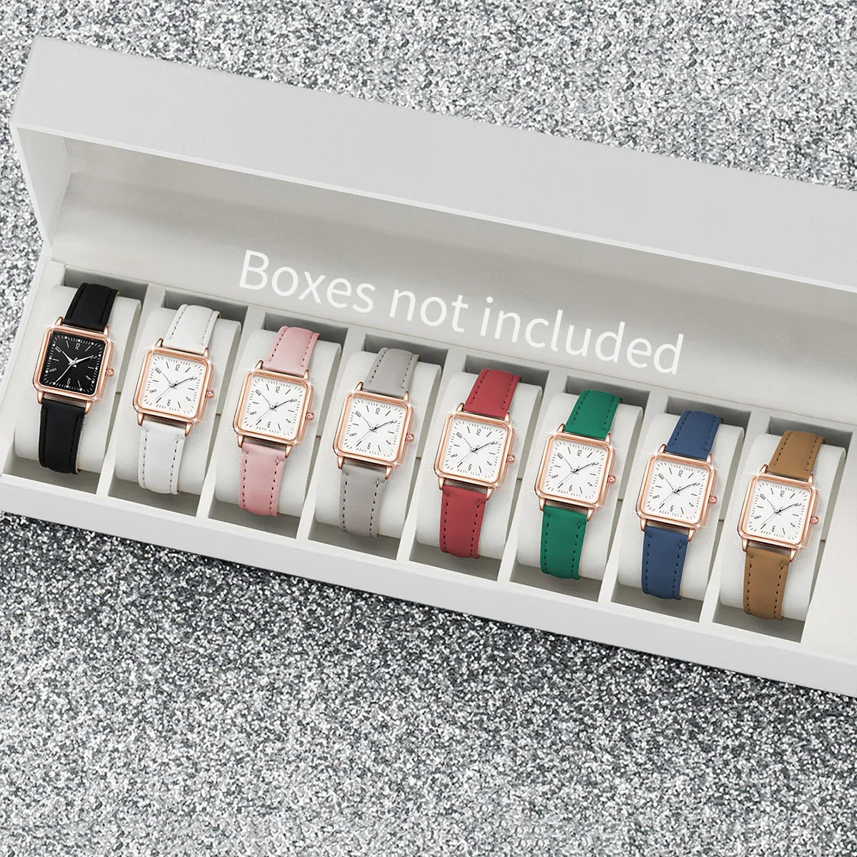 8PCS/Set Fashion Women's Watches Square Quartz Watch Casual Leather Band Wristwatches (Without Box）