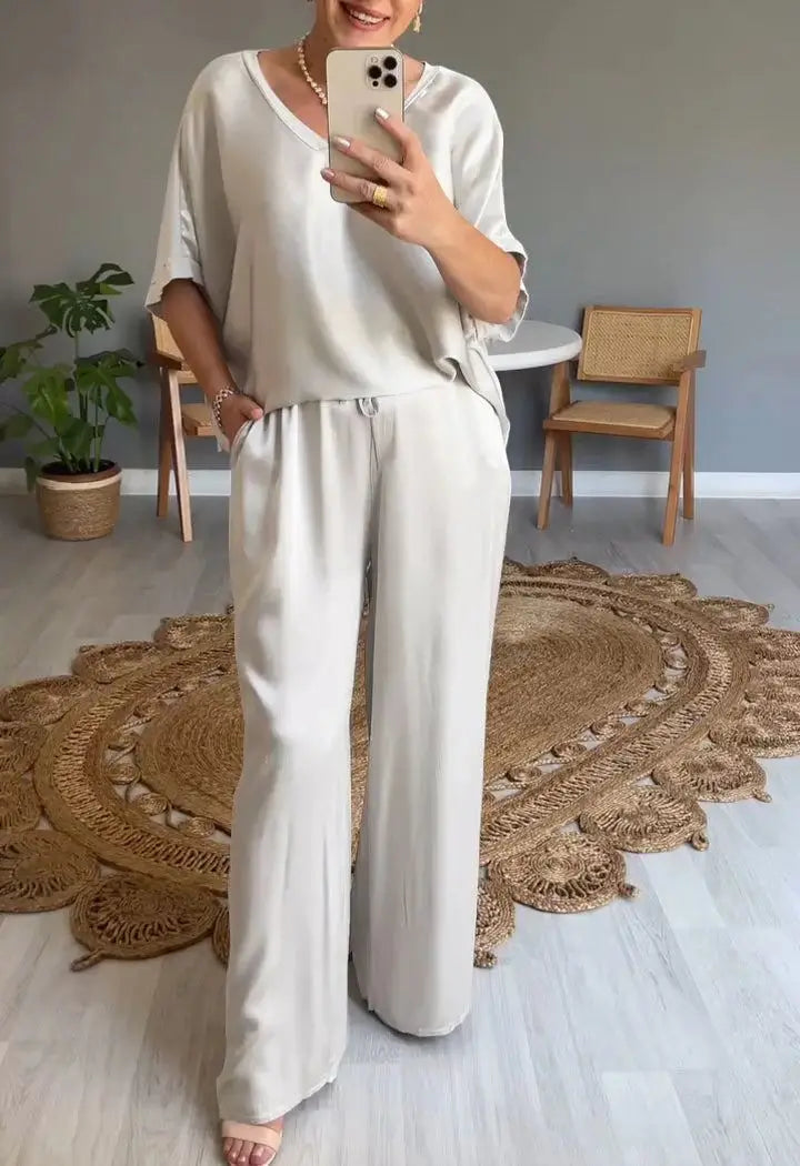 Summer Short-sleeved T-shirt Two-piece Set For Women V-neck Top Pullover Wide-leg Pants Suit For Women Spring Loose Satin Suit