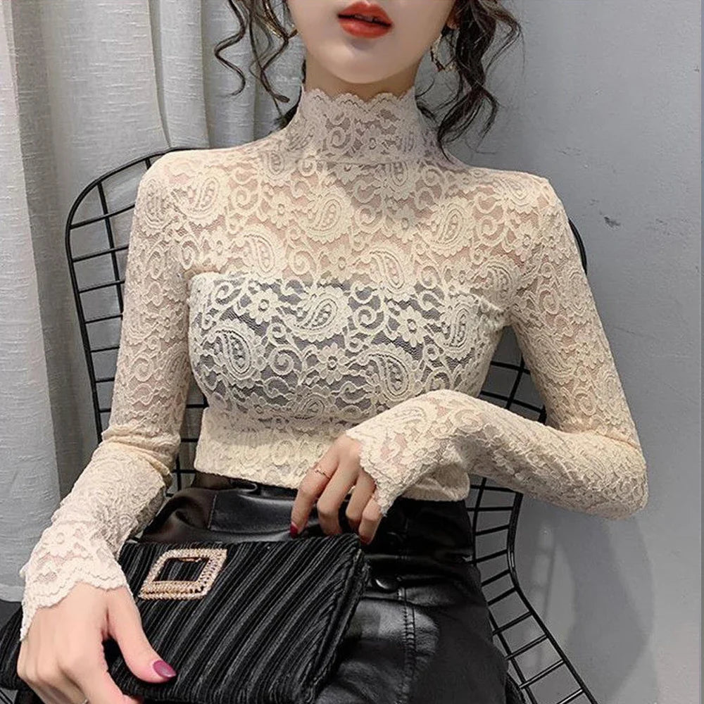 Blouse Women Transparent Lace T Shirt Stretch Turtleneck Petal Sleeve Girl Blusas Mujer De Moda Black White Apricot Shirt Tops