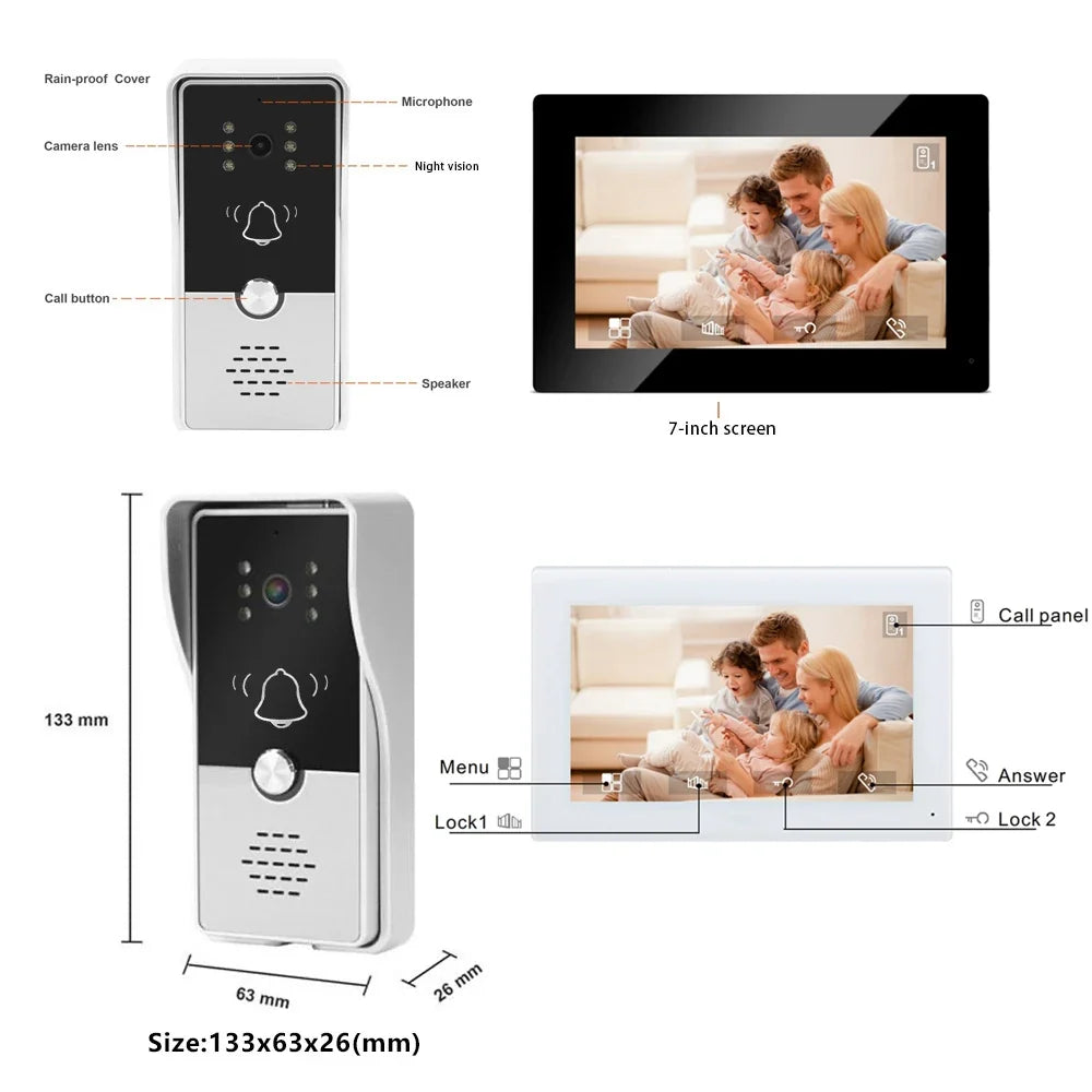 4 Wired Video Intercom System RFID Unlock Camera Doorbell with 7 Inch Screen Night Vision Home Door Bell for Villa M72T