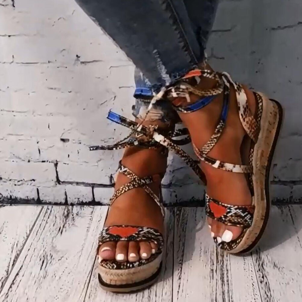 Women's Roman Sandals Leopard Print Ethnic Fashion Print Platform Cross-Tie Open Toe Beach Shoes Casual Wedge Heels Plus Size 43