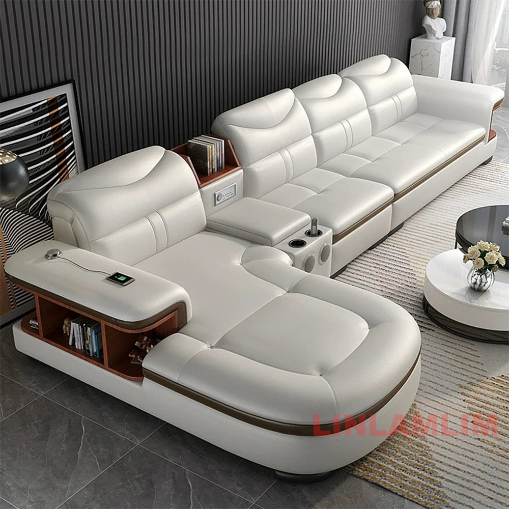 L-Shaped Sectional Sofa with Chaise, Genuine Leather adjustable headrest, Storage, USB,