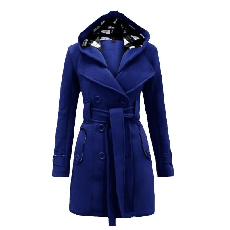 New Plaid Hooded Woolen Coat, Waist Belt Double Row Buttons, Mid-Length Outerwear.