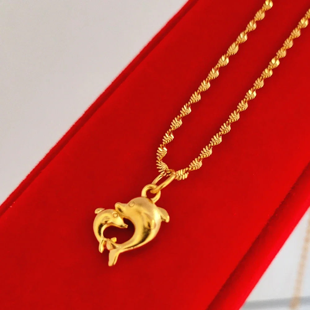 24K Gold Color Flower Pendant Necklaces for Women 18 Inch Water Wave