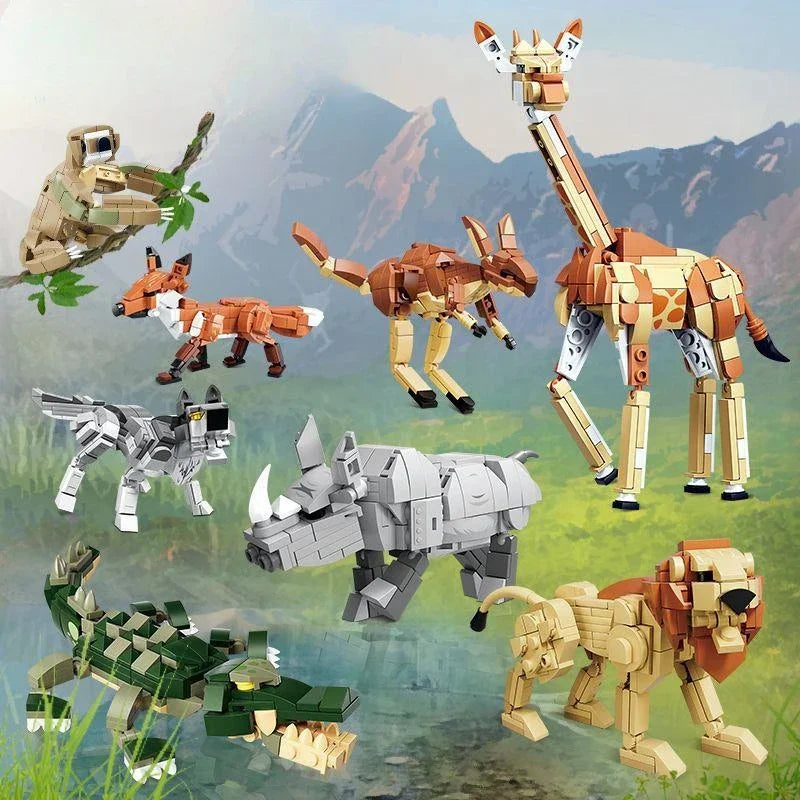 Creative Animal Models MOC Building Blocks Giraffe Lion Wolf Children DIY Assembled Brick Toys for Boy Birthday Christmas Gifts