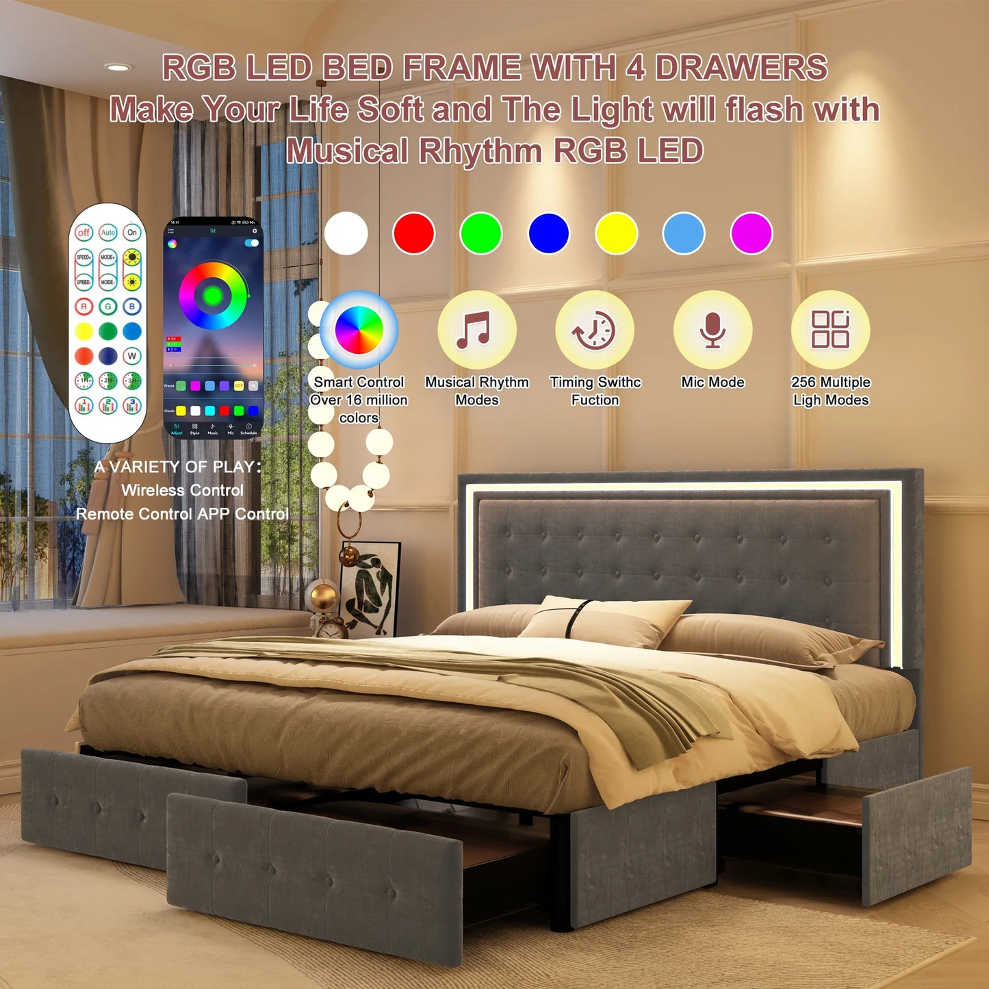 Queen LED Bed Frame 4 Storage Drawers, Headboard, No Box Spring Needed