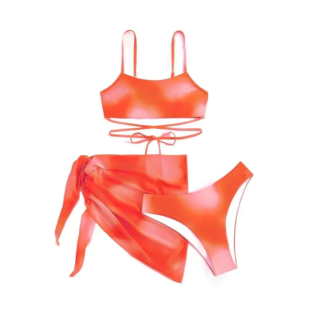 Women's 3 Piece Gradient Tie Dye Bathing Suit Lace Up High Cut Bikini with Beach Skirt