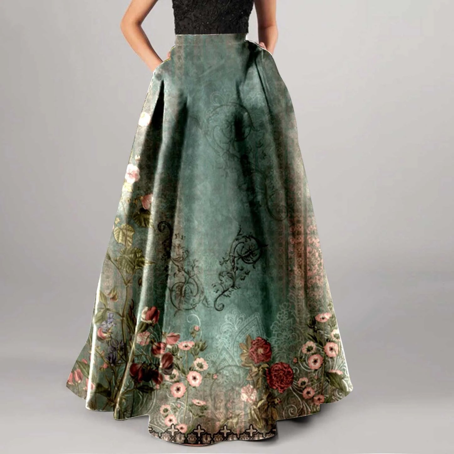 Vintage Floral Print Maxi Skirt High Waist Party Beach Long Skirts Spring Summer Casual Pocket Skirt For Women Elegant Vestidos