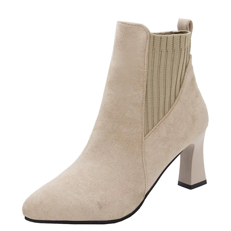 Ankle Boots Women Autumn Pointed Toe Knitted Warm Elastic Women's Shoes Shoes Casual High Heels Platform Boots Botas De Mujer