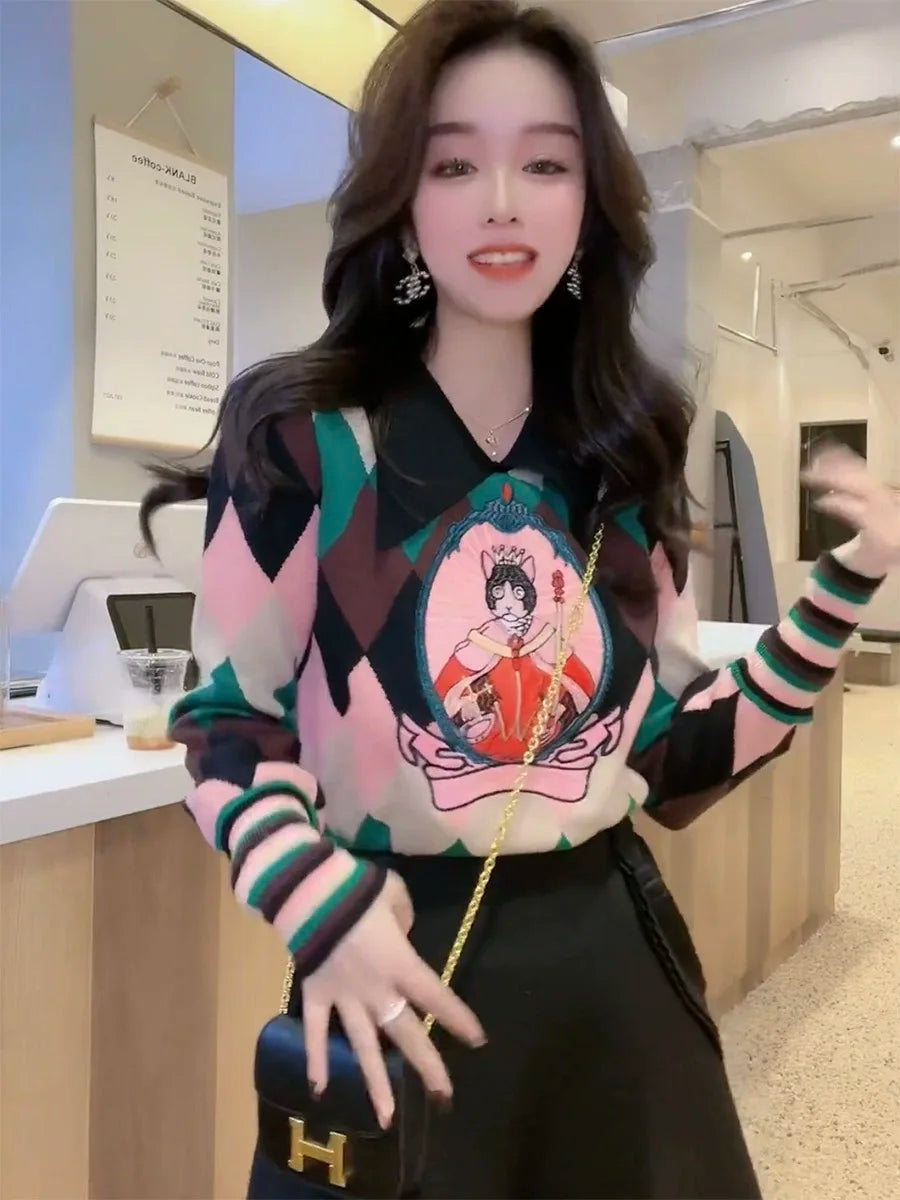 Rainbow Color Loose Knit Sweater For Women Pullover Tops 2023 Autumn Winter Long Sleeve Turn-down Collar Fashion Stylish Jumpers