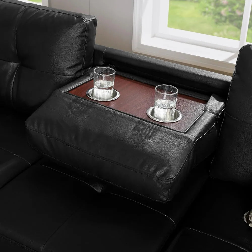3-Piece Sectional Couch Set L Shape 98" Wide Sofa, with 2 Cup Holders, Storage Ottoman