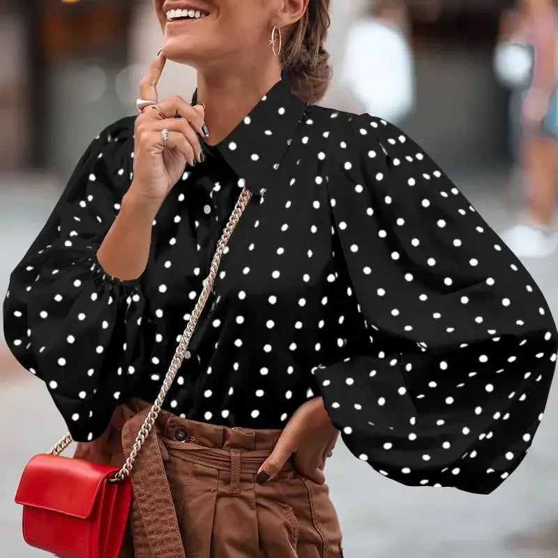 White Black Polka Dot Blouse Women Tops New Autumn Spring Cardigan Women Shirts Loose Lantern Sleeve Ladies Clothing 12372