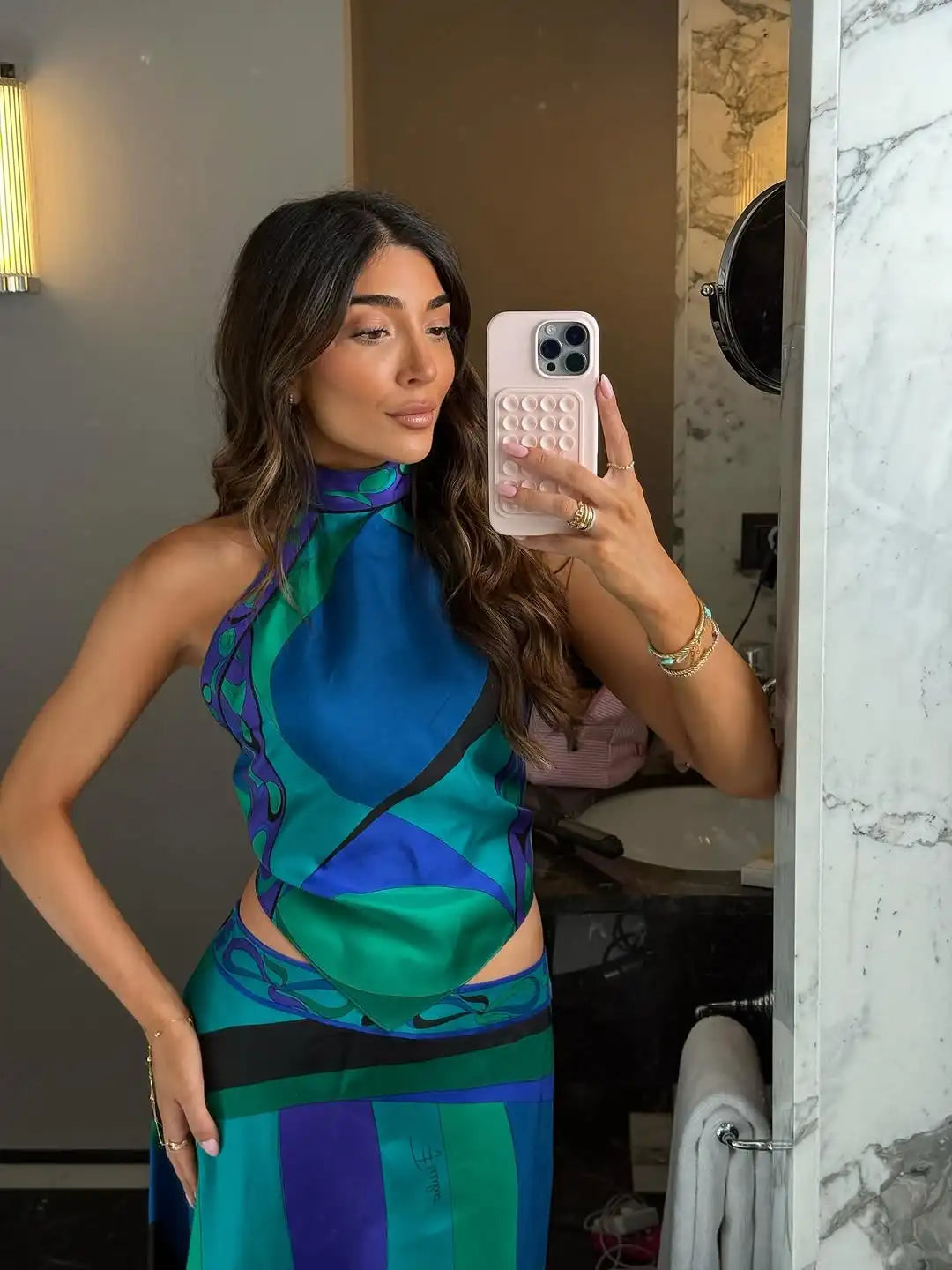 Irregular Satin Printed Sets Halter Neck Lace-up Tank Top Asymmetric Midi Skirt 2 Pieces Set 2026 Summer Casual Vacation Outfits