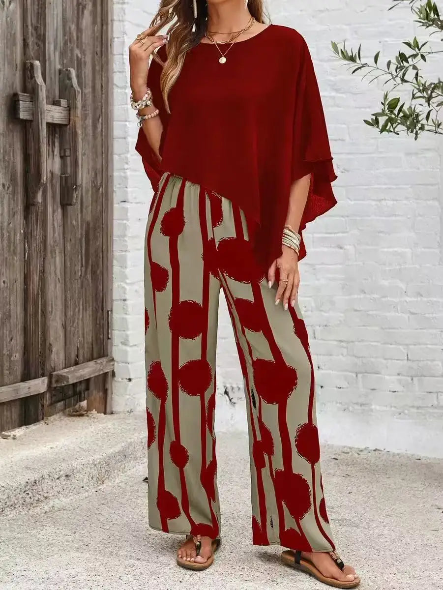 Summer Two Piece Set Printing Loose Casual Wide Leg Pants Loose Bat Short Sleeve Top Women Elastic High Waist Fashion Pants Set