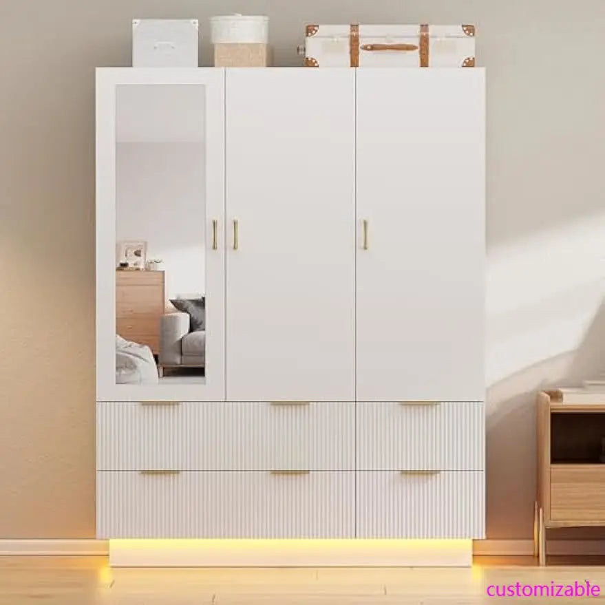 Armoire Wardrobe Closet with 3 Door, Mirror and LED Lights, Hanging Rod, Drawers.
