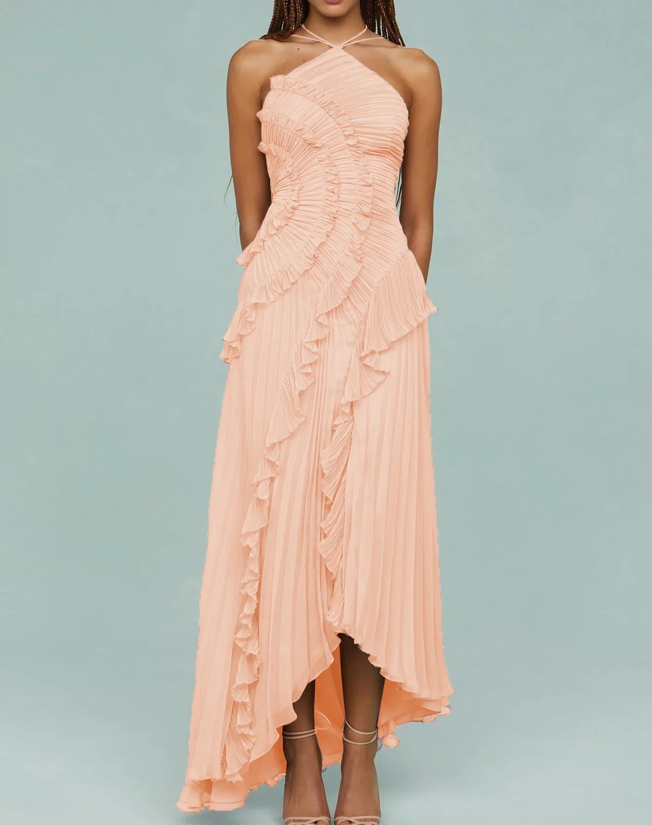 Elegant Women Ruffle Pleated Long Dress , Sleeveless Halter, Tiered Pleated , Maxi Dresses.