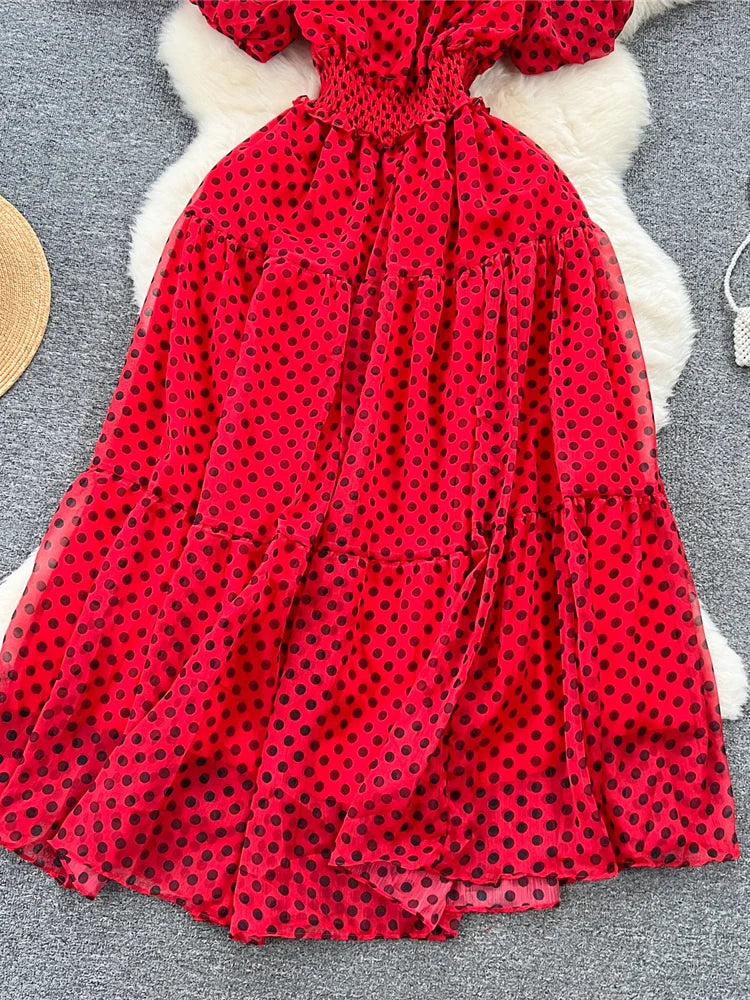 Summer Women Red/Green/White Polka Dot Chiffon Long Dress Beach Vacation Sexy Short Puff Sleeve High Waist A-Line Party Robe New