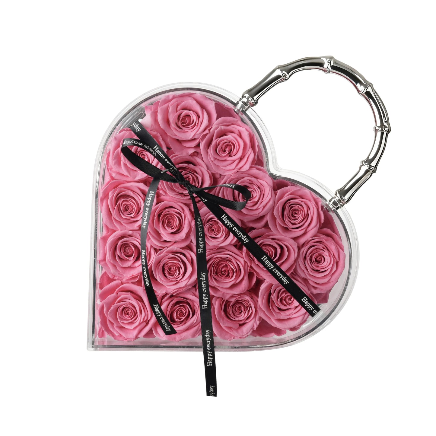 18 Preserved Roses in Heart Acrylic Display Case with Handle, Home Decor & Holiday Gift for Women, Anniversary, Valentine’s Day