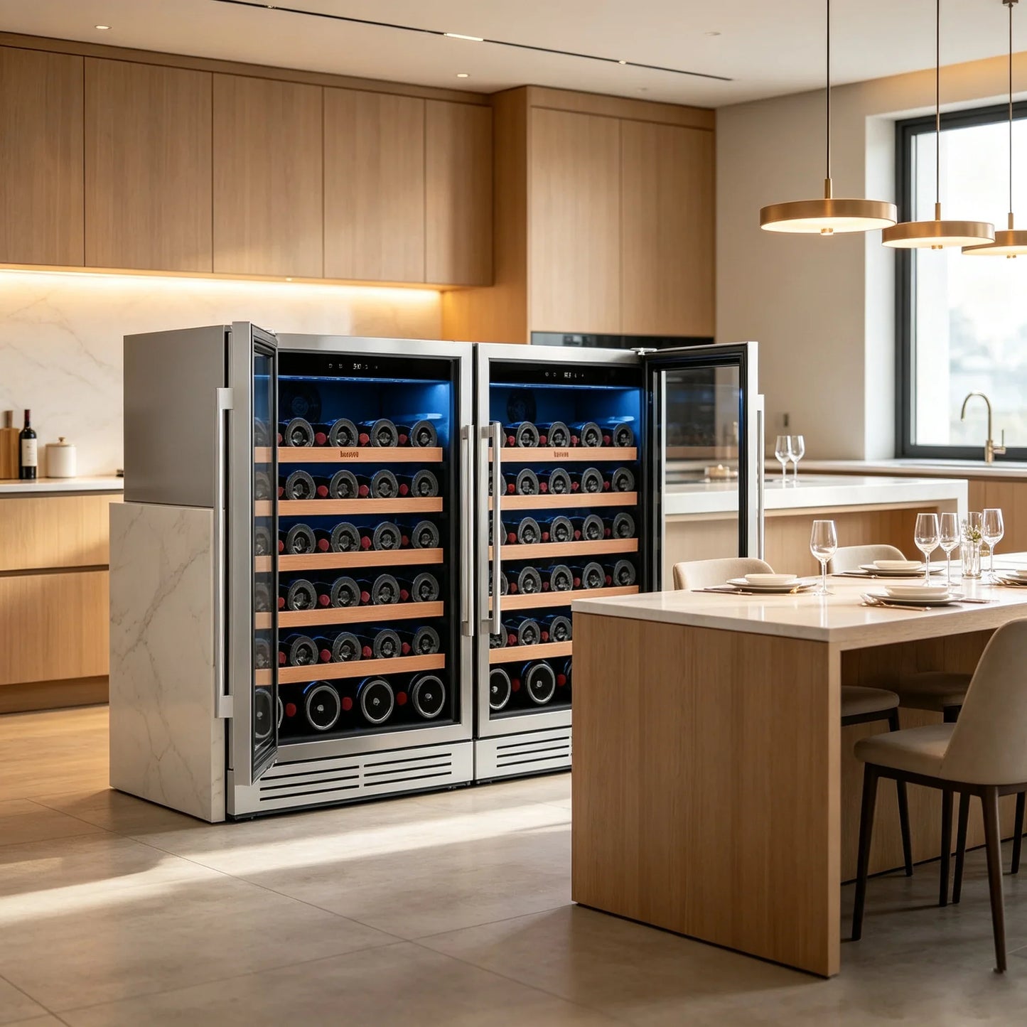 52 bottles wine cooler 5.12 Cu.ft compressor air cooling single temperature zone wine mini fridge With blue light ＆ door lock ＆ automatic defrosting