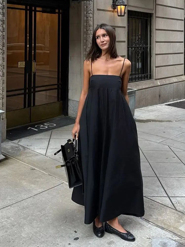 Solid Backless Spaghetti Strap Dress Women's Fashion Loose High Waist A-line Vestidos Summer Lady Holiday Street Robes 2025 New