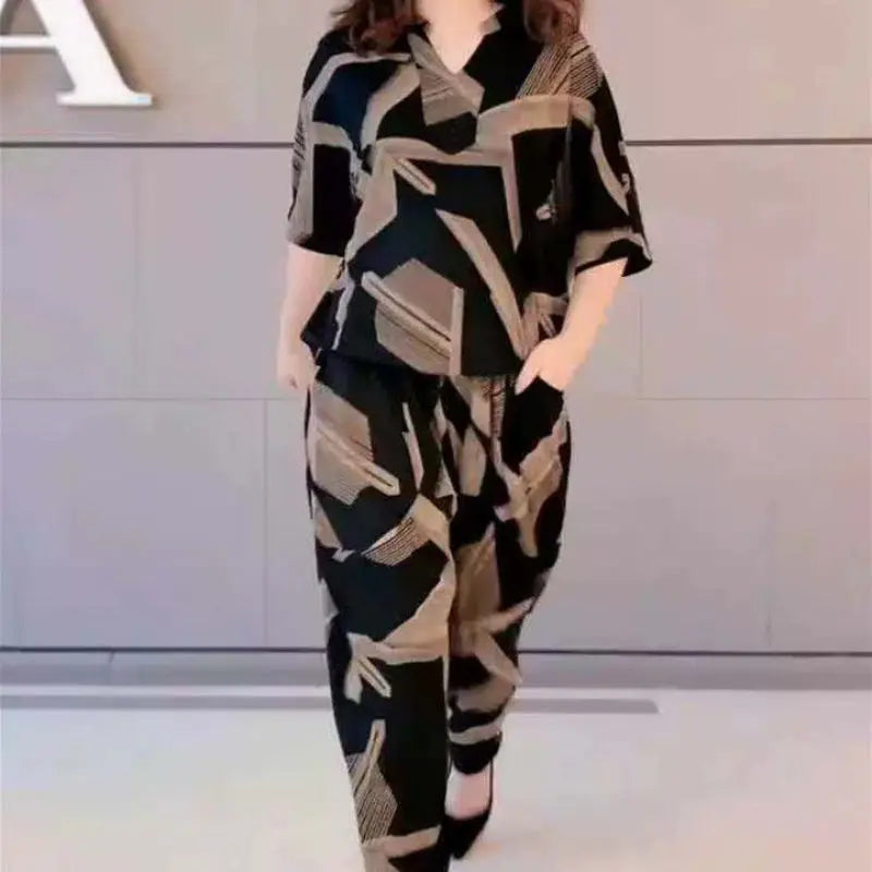 Casual Fashion Geometric Letter Printing Pant Sets Summer 2025 Short Sleeve V-Neck T-shirt Wide Leg Pants Slim Women's Clothing