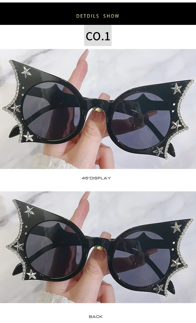 Diamonds Steampunk Sunglasses Women Men Luxury Brand Designer Bat Sun Glasses Trends Punk Rhinestone Shades Eyewear UV400 Oculos