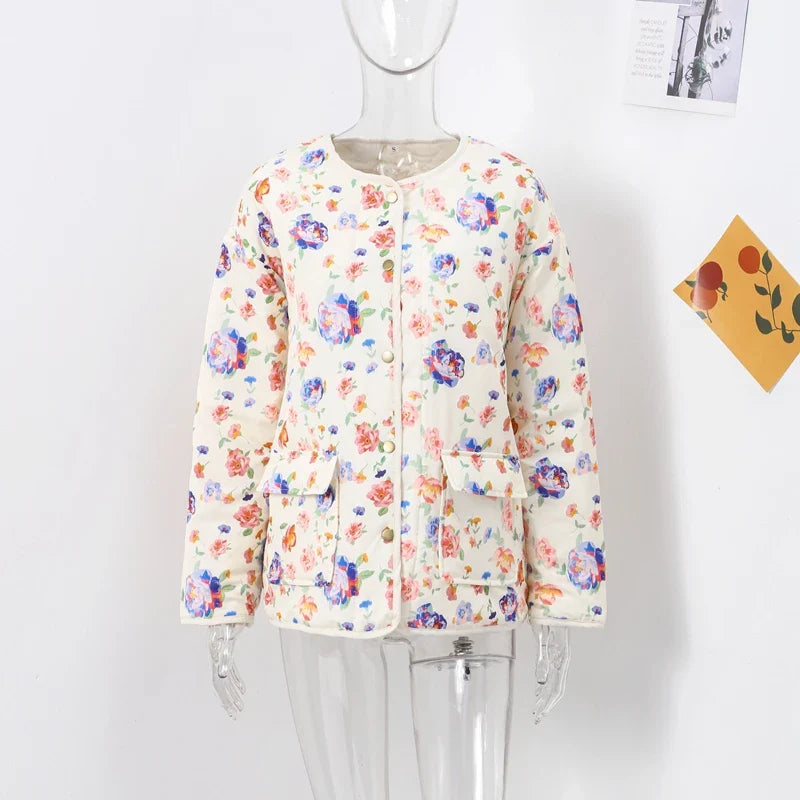 Fashion Floral Print Cotton Coats Women Elegant O Neck Single Breasted Pockets Jacket 2024 Autumn New Lady Casual Top Streetwear