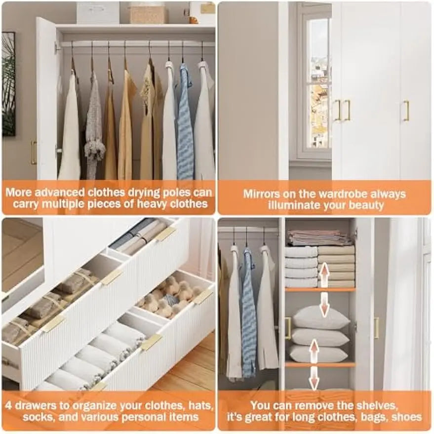 Armoire Wardrobe Closet with 3 Door, Mirror and LED Lights, Hanging Rod, Drawers.