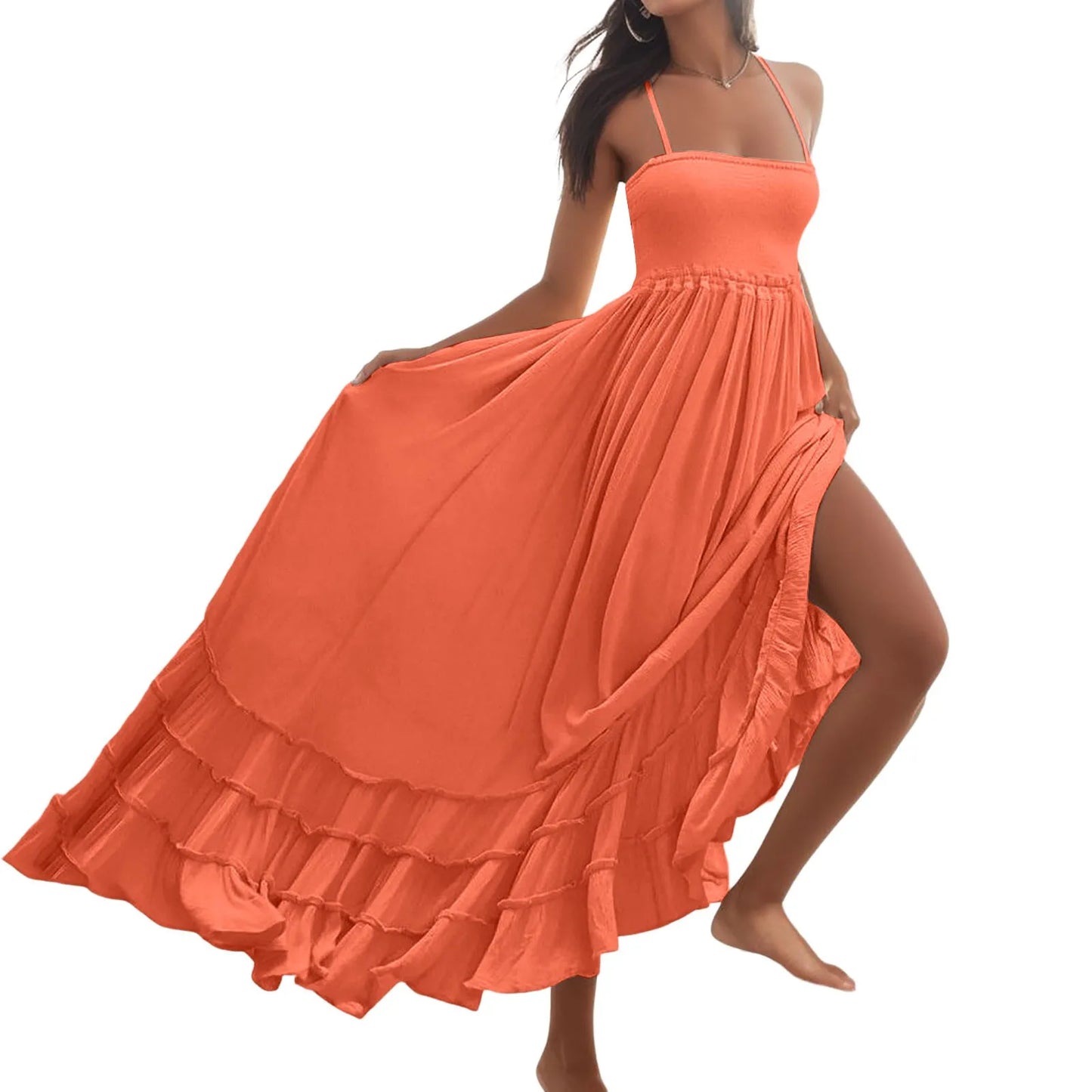 Womens Dresses 2024 Spring Summer Deep V Neck Women'S Smocked Maxi Dresses Summer 2023 Sexy Flowy Beach Long Backless Slip 롱원피스