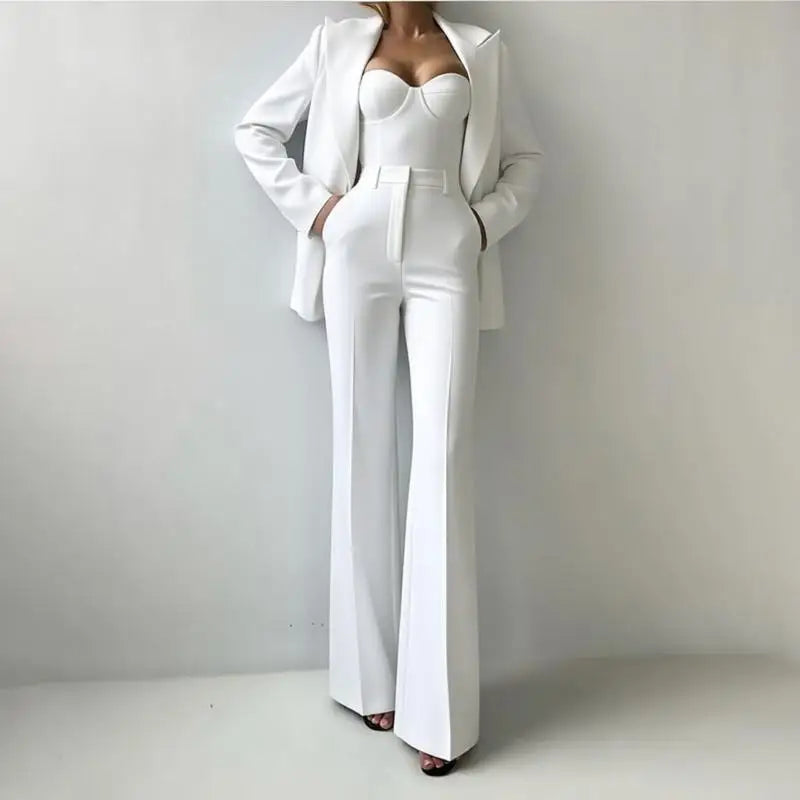 Solid Suit Jacket Corset Pants 3 Piece Set Women Corset Lapel Coat Straight Pants Lady Set 2026 Summer Autumn Commute Outfit New