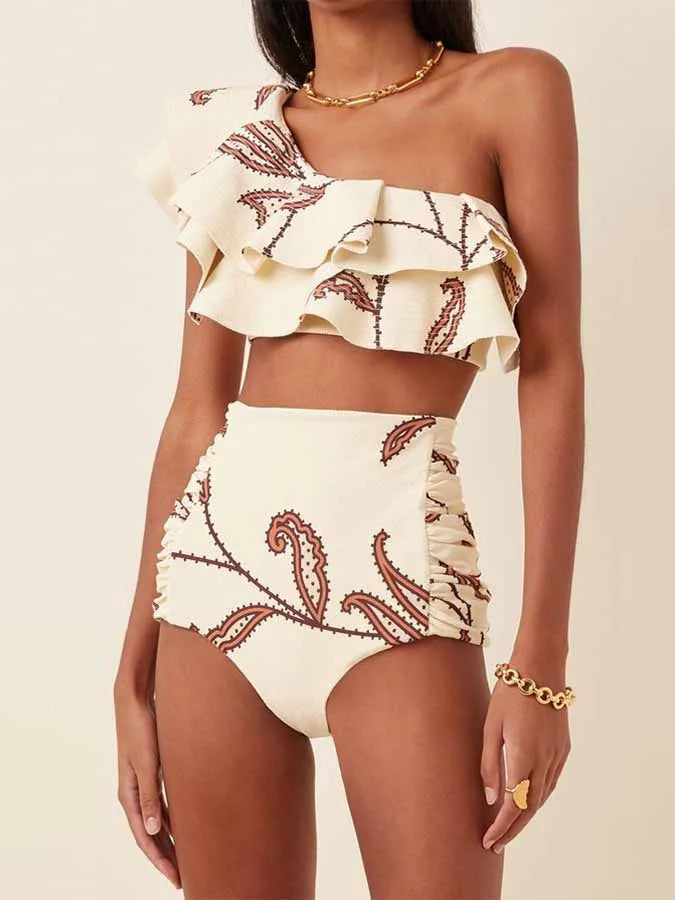 Women's Printed Ruffle Swimsuit Fashion One Shoulder Slash Breasted Bikini Two Piece High Waisted Tummy Tuck Beachwear 2024 New