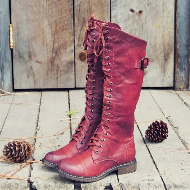 Women Knee High Boots Autumn Winter Lace Up Flat Shoes Sexy PU Leather Shoes Retro Buckle Women Shoes Fashion Black Knight Boots