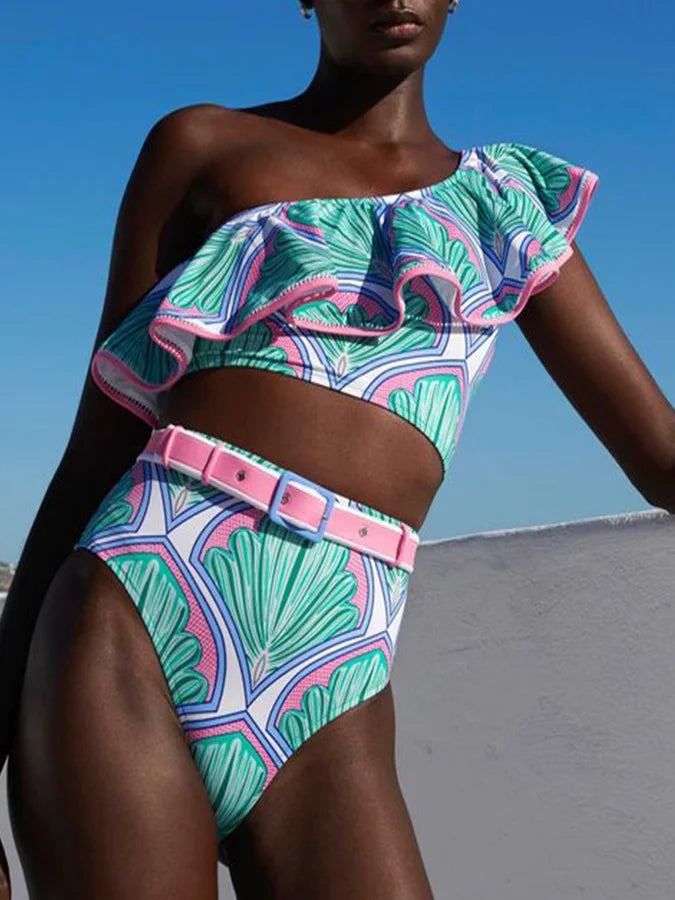 Women's Printed Ruffle Swimsuit Fashion One Shoulder Slash Breasted Bikini Two Piece High Waisted Tummy Tuck Beachwear 2024 New