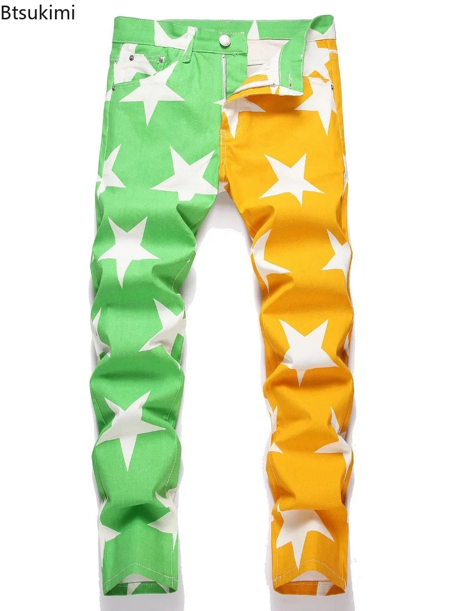2026 New Fashion Men Clothing Stars Print Jeans Y2K Fancy Color Stretch Cotton Denim Pants Spring Trendy Slim Straight Trousers