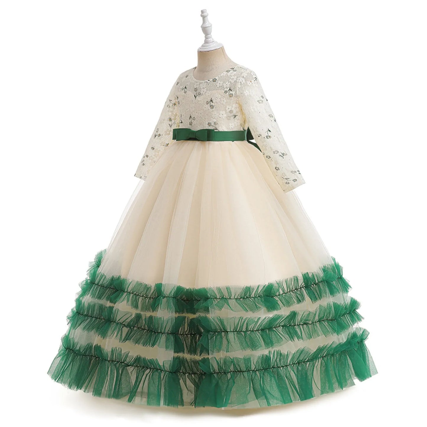 Christmas Kids Girls Green Dresses For Kids Long Sleeve Party Princess Clothes Costume 4-14 Yrs Elegant Wedding Evening Vestidos
