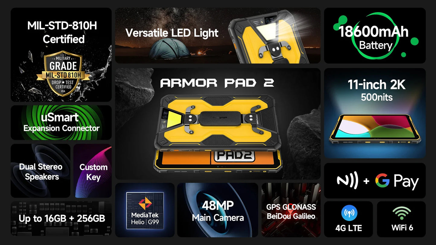 Ulefone Armor Pad 2 Rugged Tablet, 11" 2K, 18600 mAh ,IP68/IP69K Android 13 NFC GPS 4G Tablet Up to16GB +256GB LED Camping light