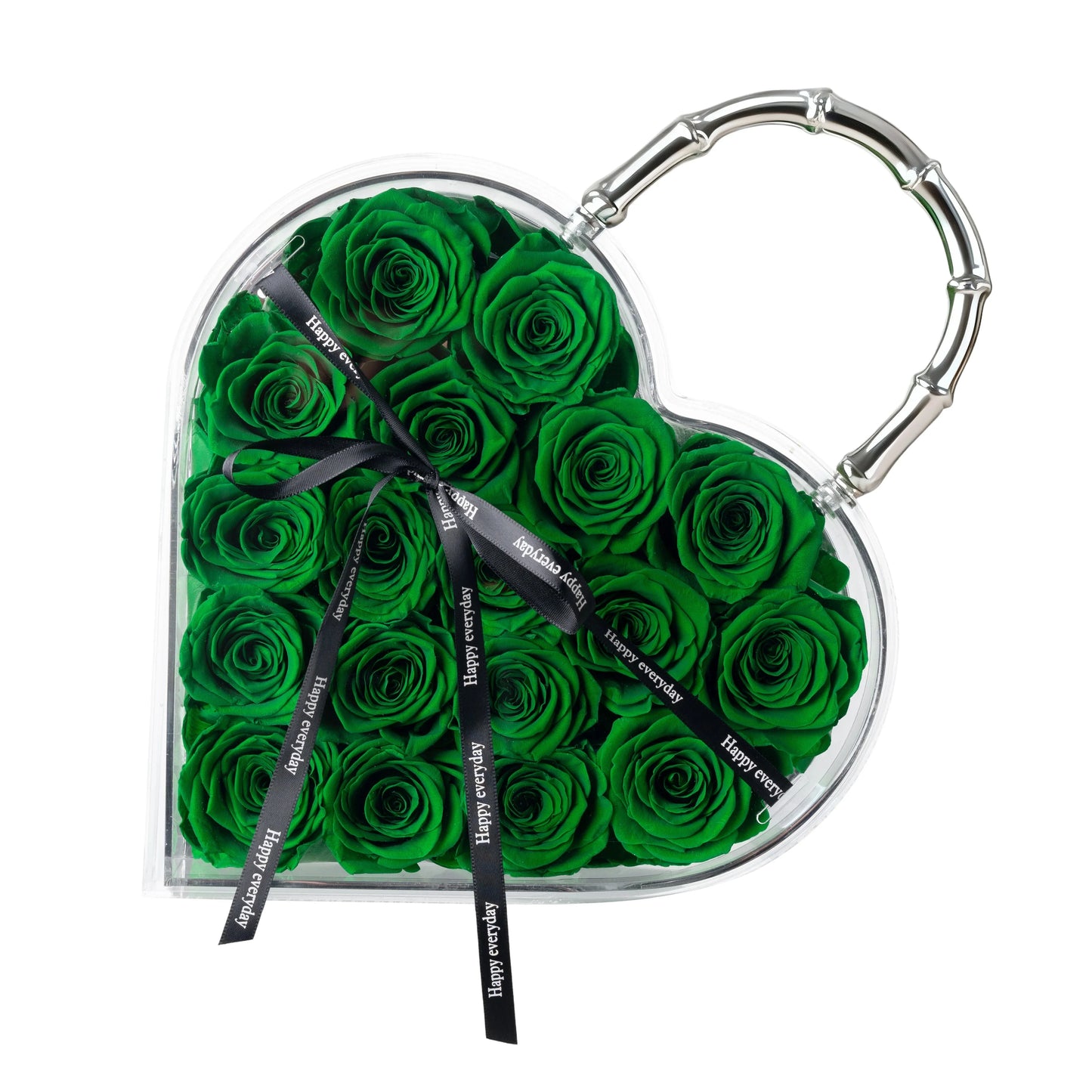 18 Preserved Roses in Heart Acrylic Display Case with Handle, Home Decor & Holiday Gift for Women, Anniversary, Valentine’s Day