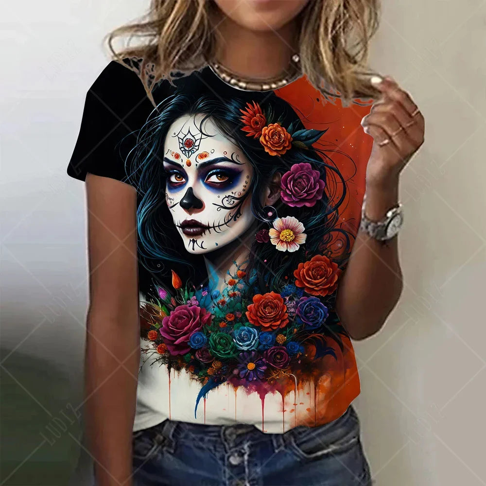 Summer Women Fashion T-shirt Mexican Day Of Dead Tops Tees Female Daily Casual Short Sleeve Clothing Ladies Vintage Outfit