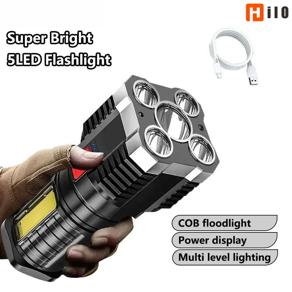 Hilo 5LED Flashlight Portable, Powerful COB Side Light 3 Modes USB Rechargeable, Camping Searchlight.