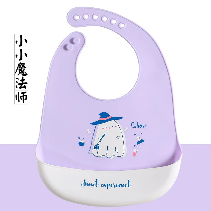 Cute Baby Bibs Waterproof Silicone Bib Infant Toddler Feeding Saliva Towel Cartoon Adjustable Children Apron with Pocket Scarf