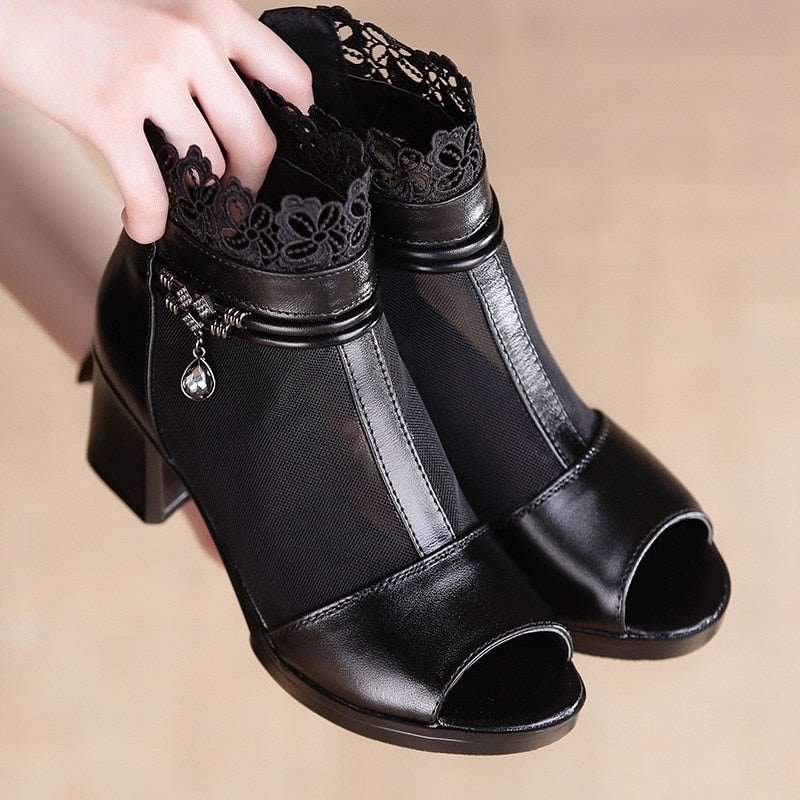 Summer New Fish Mouth Sandals Open Toe Mesh Zipper Thick High Heels Sexy Party Rhinestone Leather Women Boots Plus Size 40