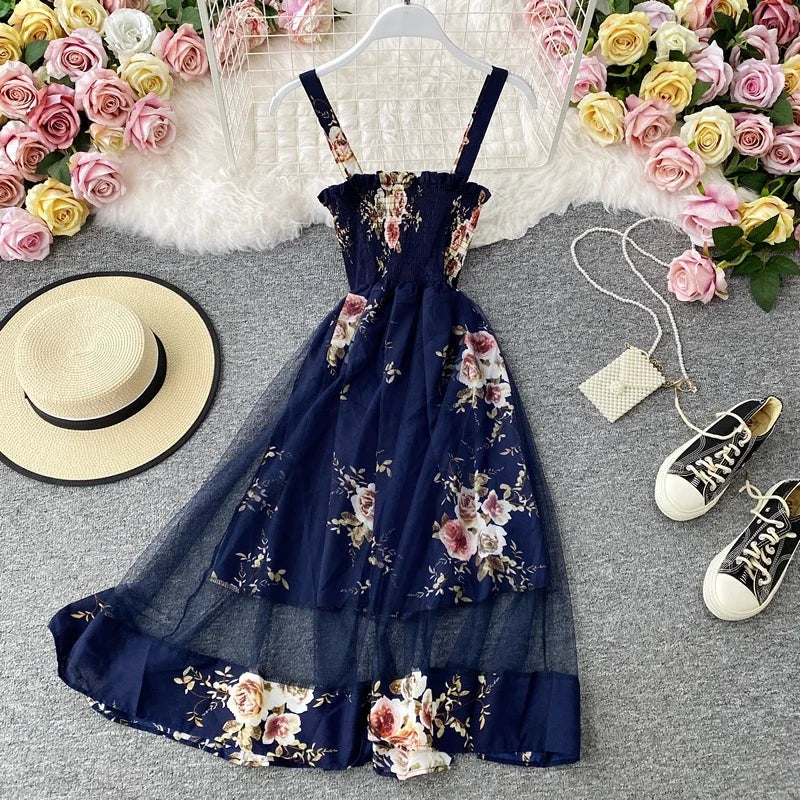 litmage Summer Women's Dress French Retro Square Neck Print Suspender Dress New Waist Lace Feamle Short Dresses HH293
