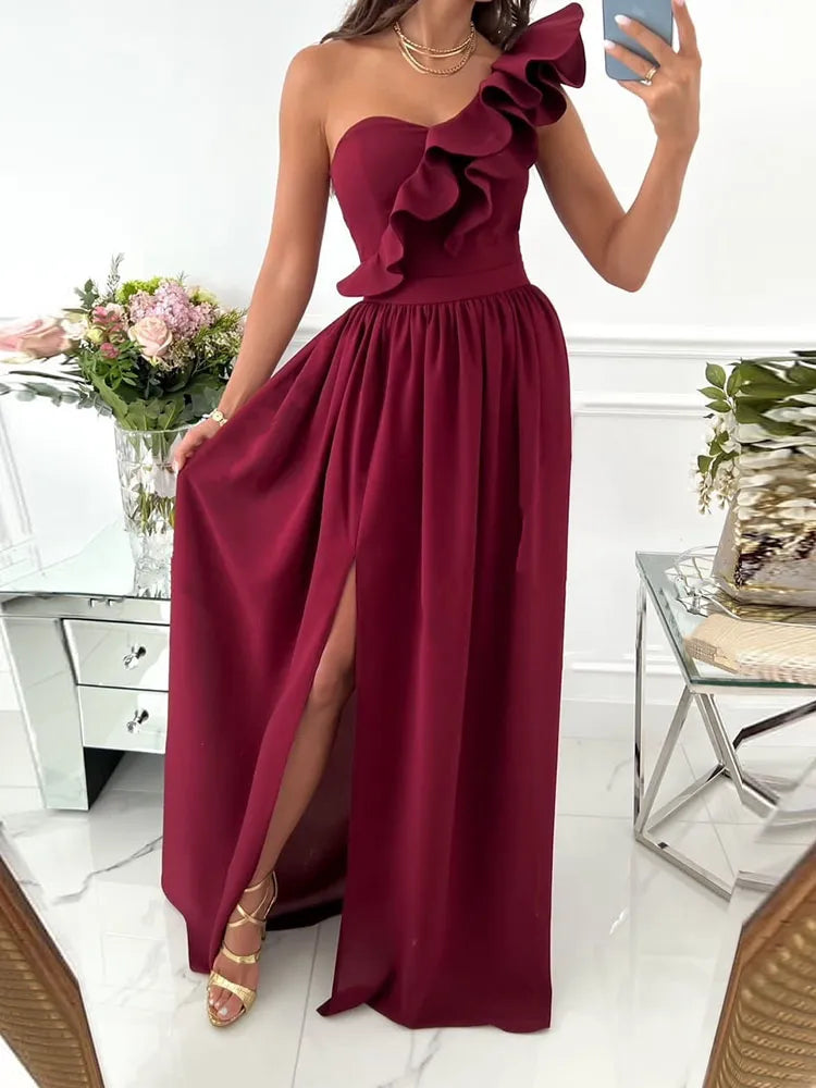 Ladies Off Shoulder Diagonal collar Pleated Evening Dress Solid Sleeveless Ruffle Hem Elegant Dress Summer Sexy Slit Maxi Dress