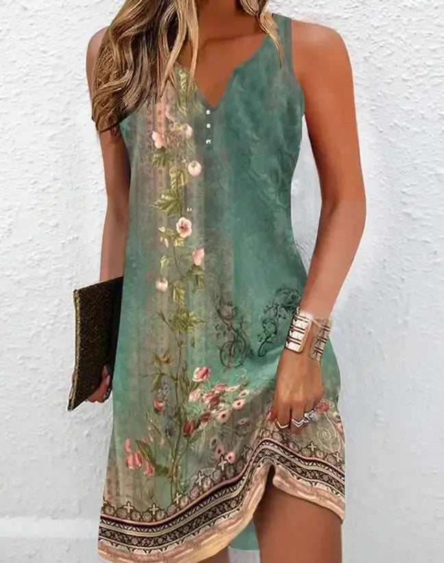 Women's Dresses 2023 Summer Fashion Tribal Floral Print Notch Neck Casual Sleeveless Daily Mini A Line Dress Y2K Clothes