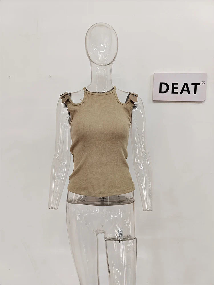 DEAT Fashion Women's Tops Round Neck Hollow Out Khaki Sleeveless Suspender Tank Tops Summer 2024 New Trendy 17A5505H