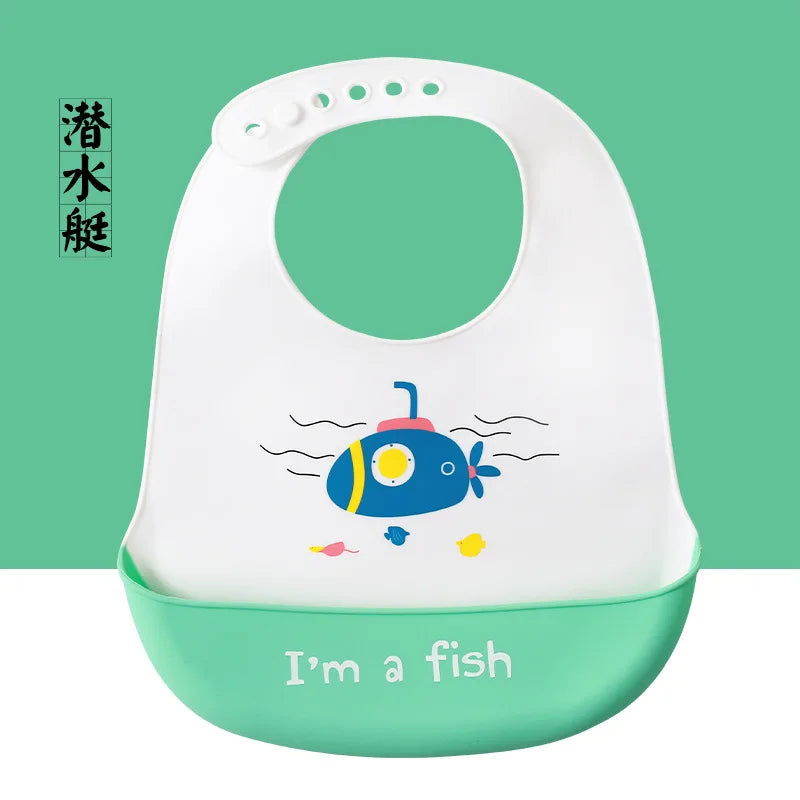 Cute Baby Bibs Waterproof Silicone Bib Infant Toddler Feeding Saliva Towel Cartoon Adjustable Children Apron with Pocket Scarf