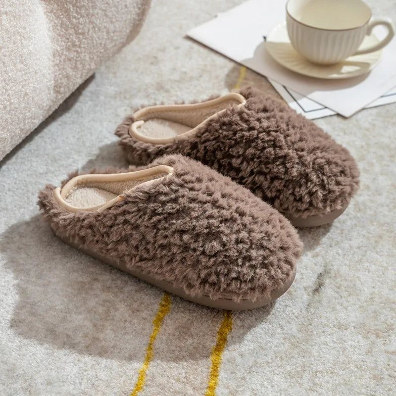 Japanese Simple Solid Color Home Slippers For Women Fluffy Winter Warm Indoor Bedroom Slides Female Furry Shoes